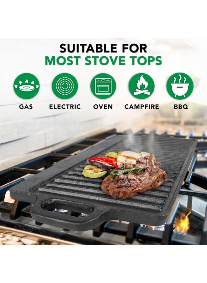 مقلاة من الحديد المطاطي ثنائية الواجهة مزدوجة الوظيفة، بحجم 19.5 بوصة × 9 بوصة، مع مقبض، مُحسنة مسبقًا وغير لاصقة، مناسبة للغاز ومطبخ الفرن والطبخ على النار المباشرة - Image 3